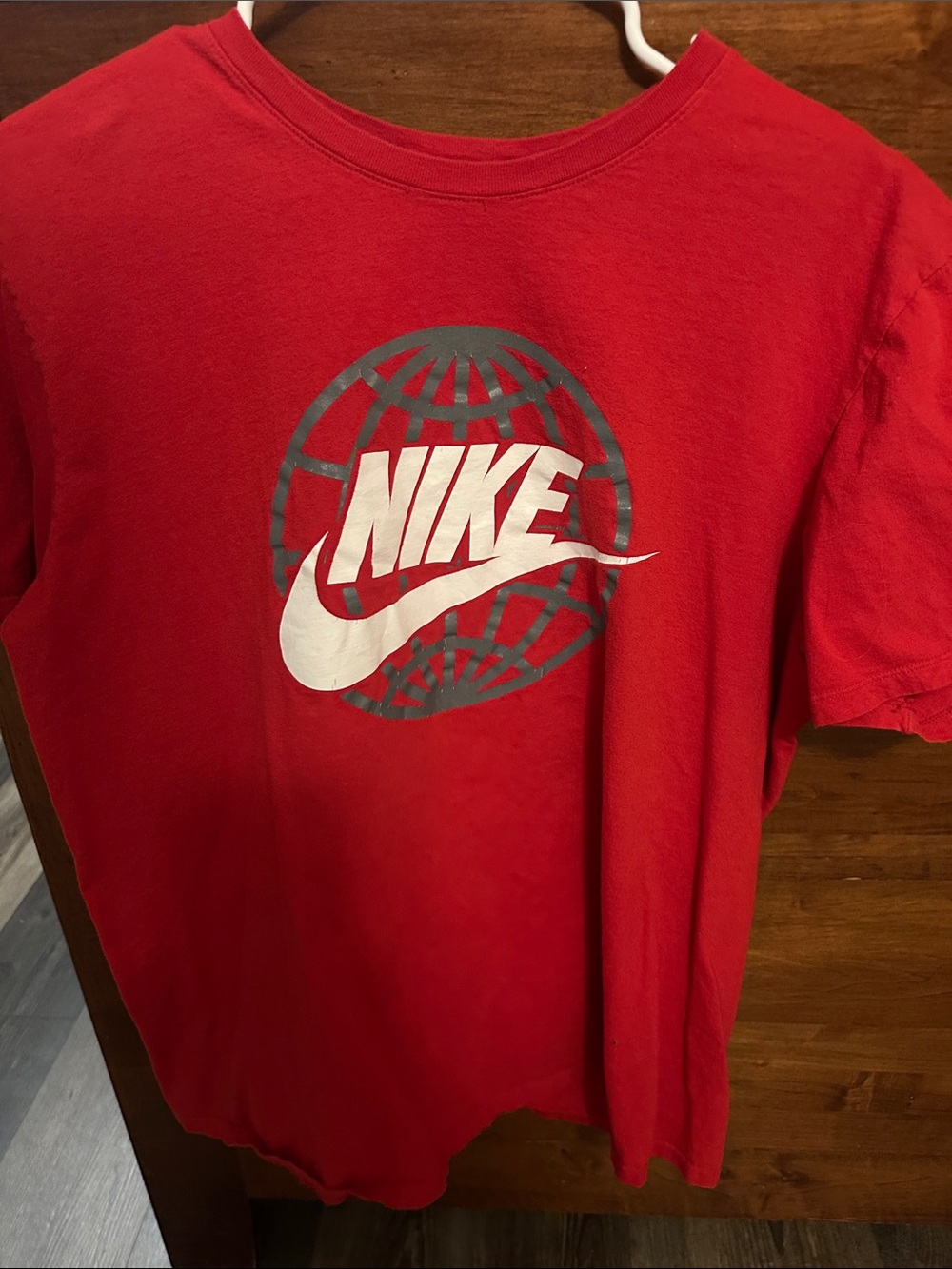 Nike Red Tee with White Swoosh and Gray Globe